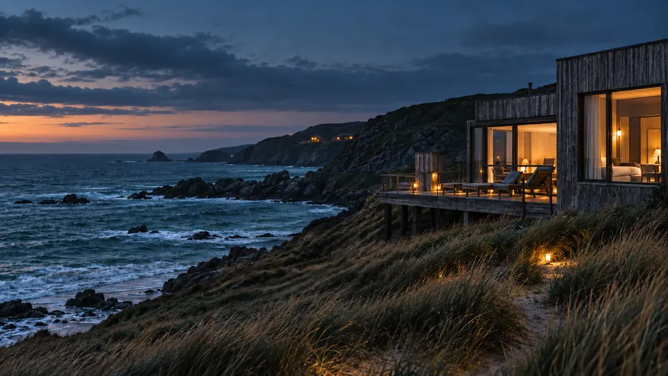 Drift House glowing warmly above the Atlantic coast at blue hour