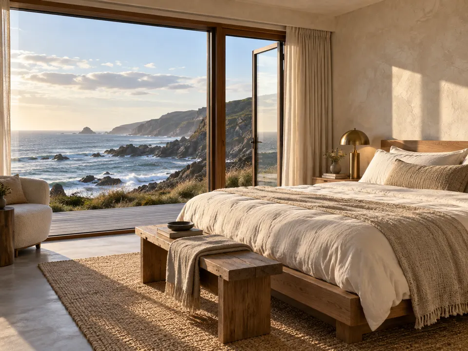 A quiet linen-covered room overlooking the coast